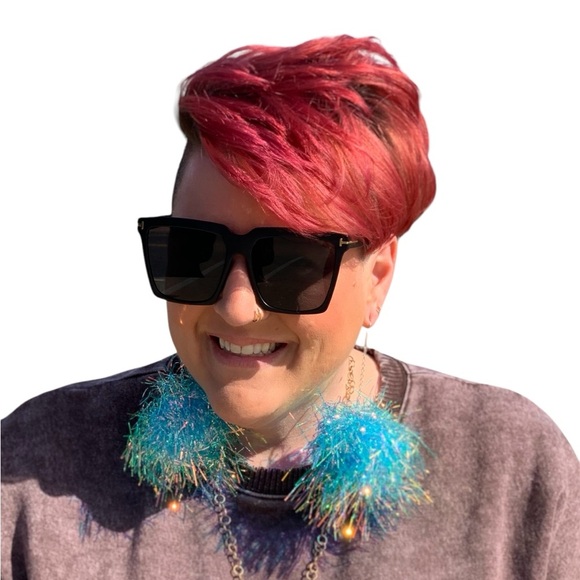 Mardi Gras Large Pom Pom Dangle Earrings Blue - Picture 2 of 2